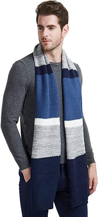 EINSKEY Mens Winter Wool Scarf Unisex Fashion Cable Knit Cashmere Feel Scarf - Classic Colour Block Striped Long Scarf