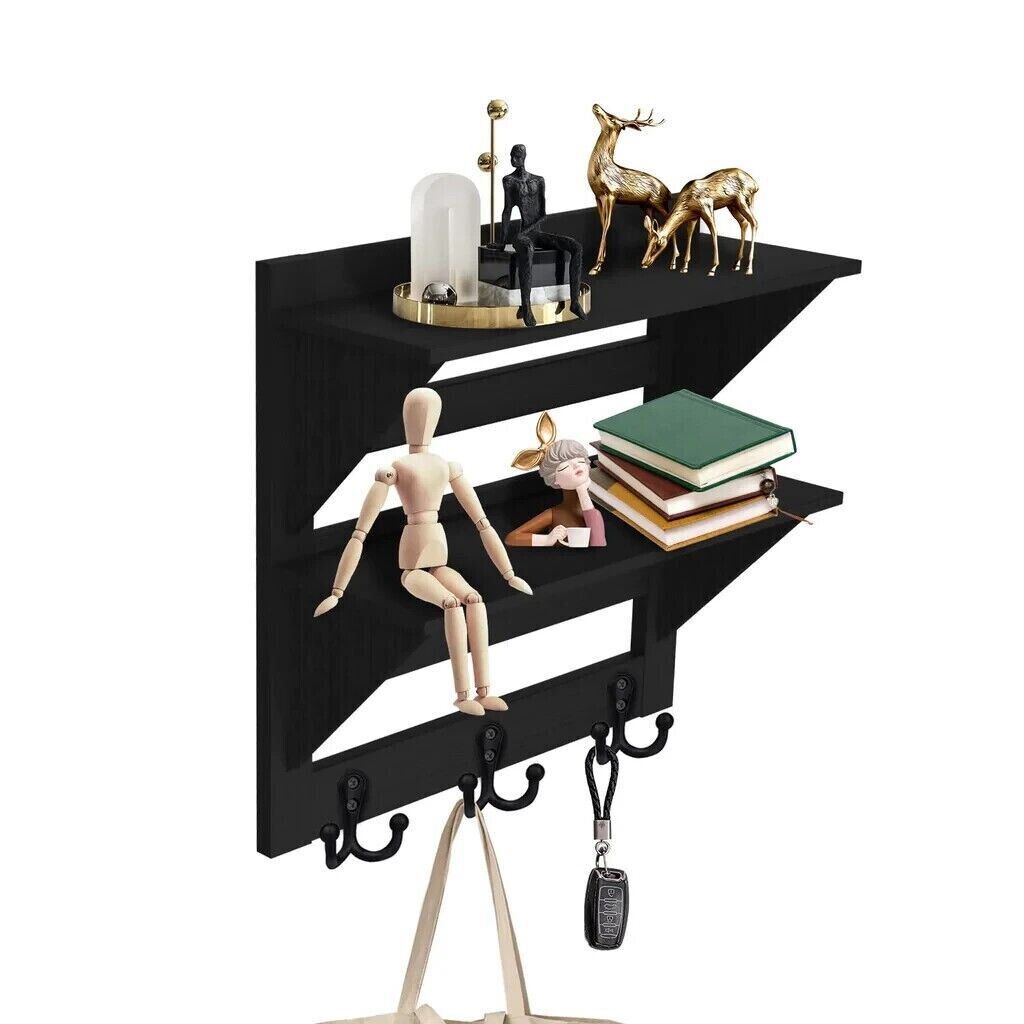 Black Wall Mounted Coat Rack & Shelf - Hooks for Keys Storage Kitchen Hallway BIGLUFU