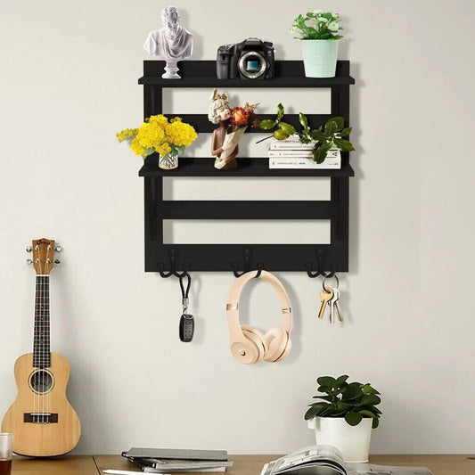 BIGLUFU Wall Shelf with Hooks for Keys and Coats etc Wall Mounted - Black