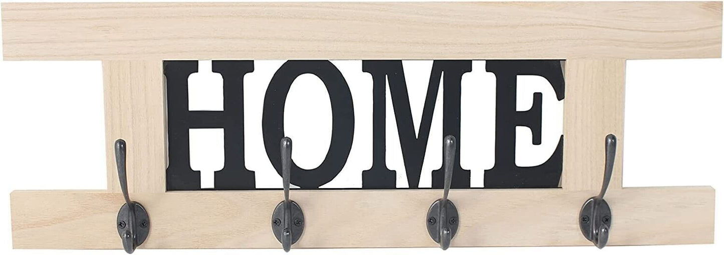 NiHao HOME 4 Hook Coat & Key Holder - Perfect for your Hallway - Brown Wood & Black Metal - Easy Install Wall Mounted - Black HOME Logo with Paulownia Wood Surround