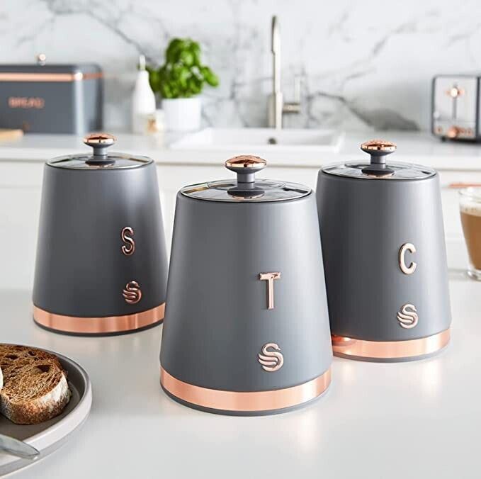 Swan Carlton Trio Canister Set - Tea, Coffee & Sugar - Grey & Rose Gold (3 Piece)