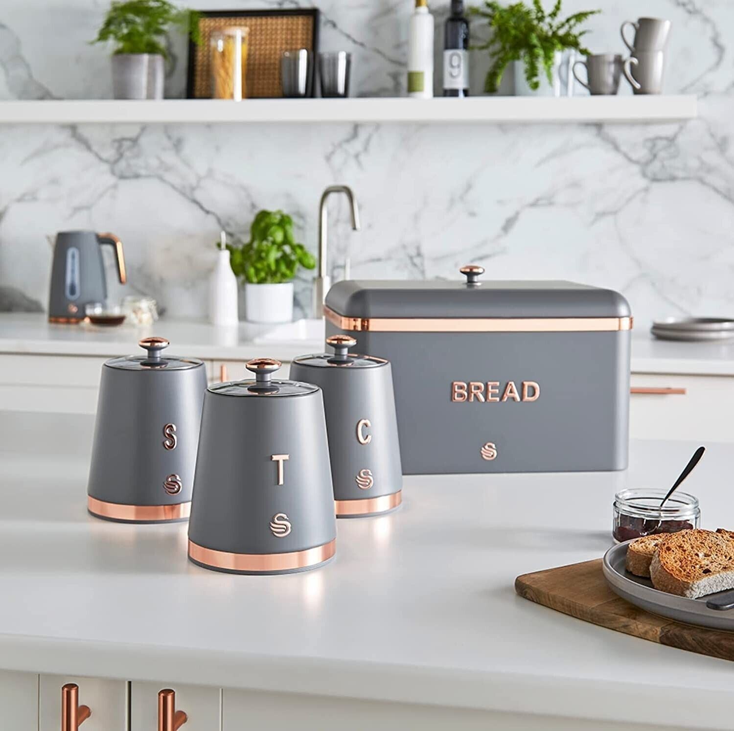 Swan Carlton Trio Canister Set - Tea, Coffee & Sugar - Grey & Rose Gold (3 Piece)