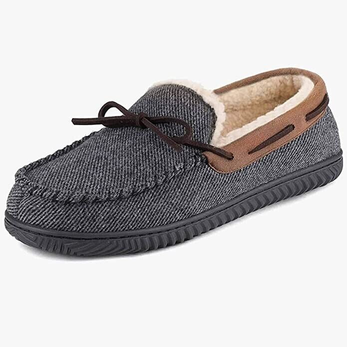 Mens Comfy Memory Foam Slippers Moccasin Grey Tweed Size 11, 12 ULTRAIDEAS