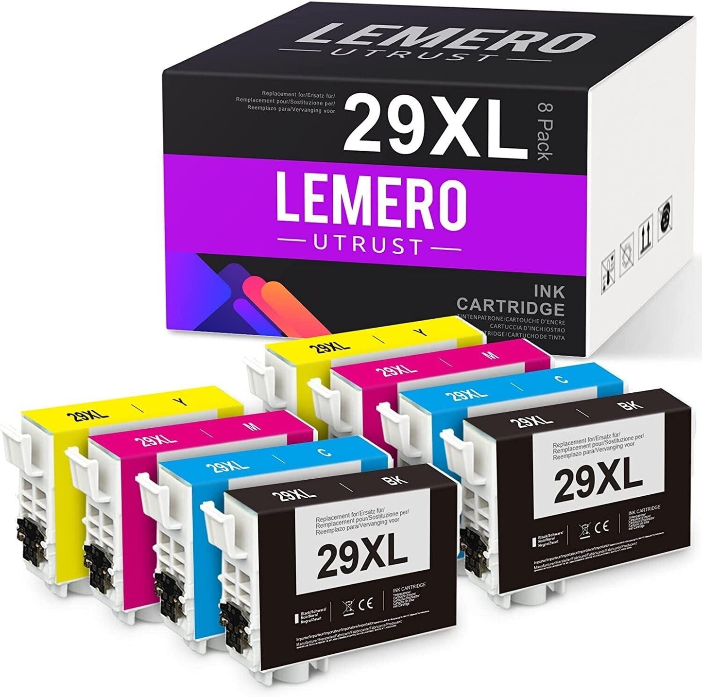 LEMEROUtrust 29XL Ink Cartridges Compatible for 29 XL - Includes 2x Black/2xC/2xM/2xY (8-Pack)    Compatible Printer: Epson Expression Home XP-342 XP-245 XP-240 XP-247 XP-330 XP-332 XP-335 XP-340 XP-342 XP-345 XP-430 XP-432 XP-435 Range: 470 Pages per (1x 29XL) Black Cartridge,450 Pages per (1x 29XL)