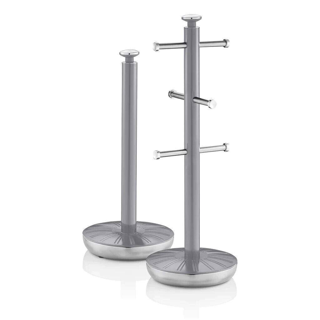 Grey retro towel pole and mug tree with round bases and hanging bar arms
