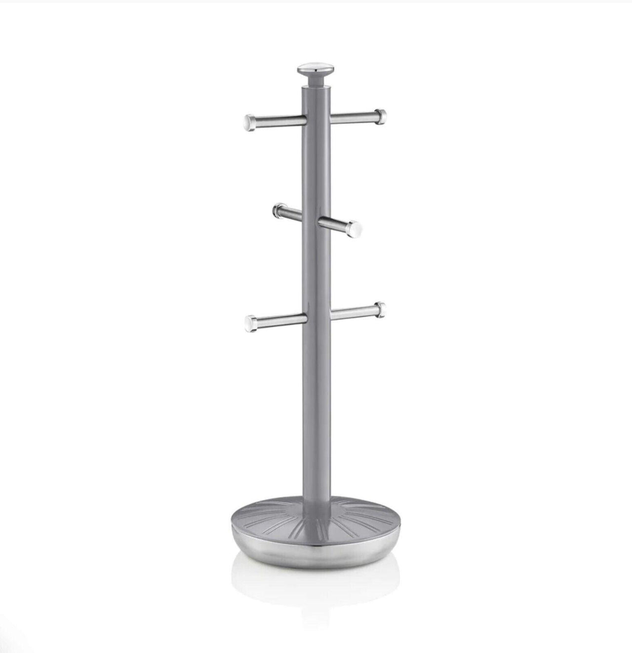 Grey retro towel pole and mug tree with multiple bar arms and round weighted base
