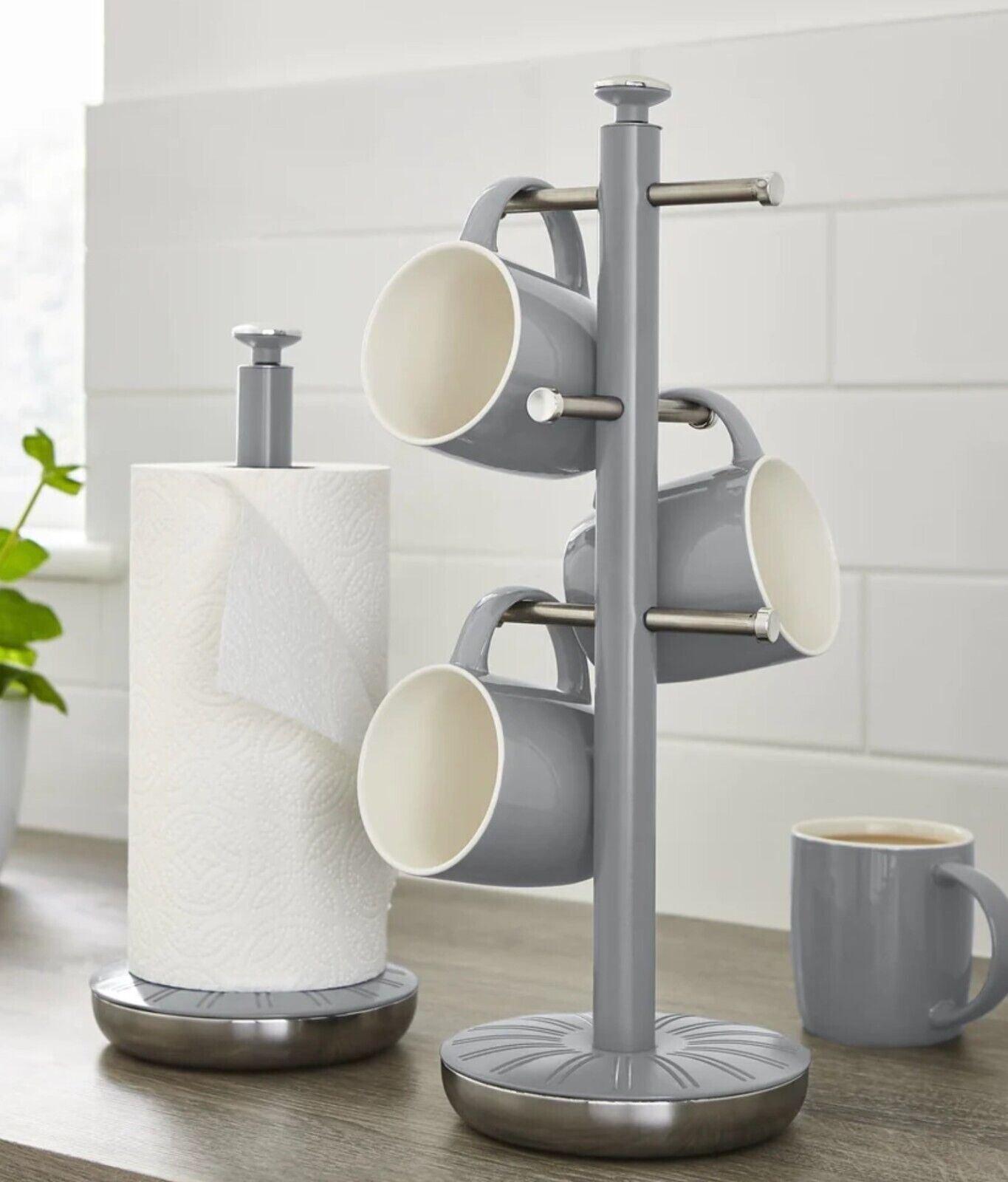 Grey retro towel pole mug tree holding three mugs and a towel roll