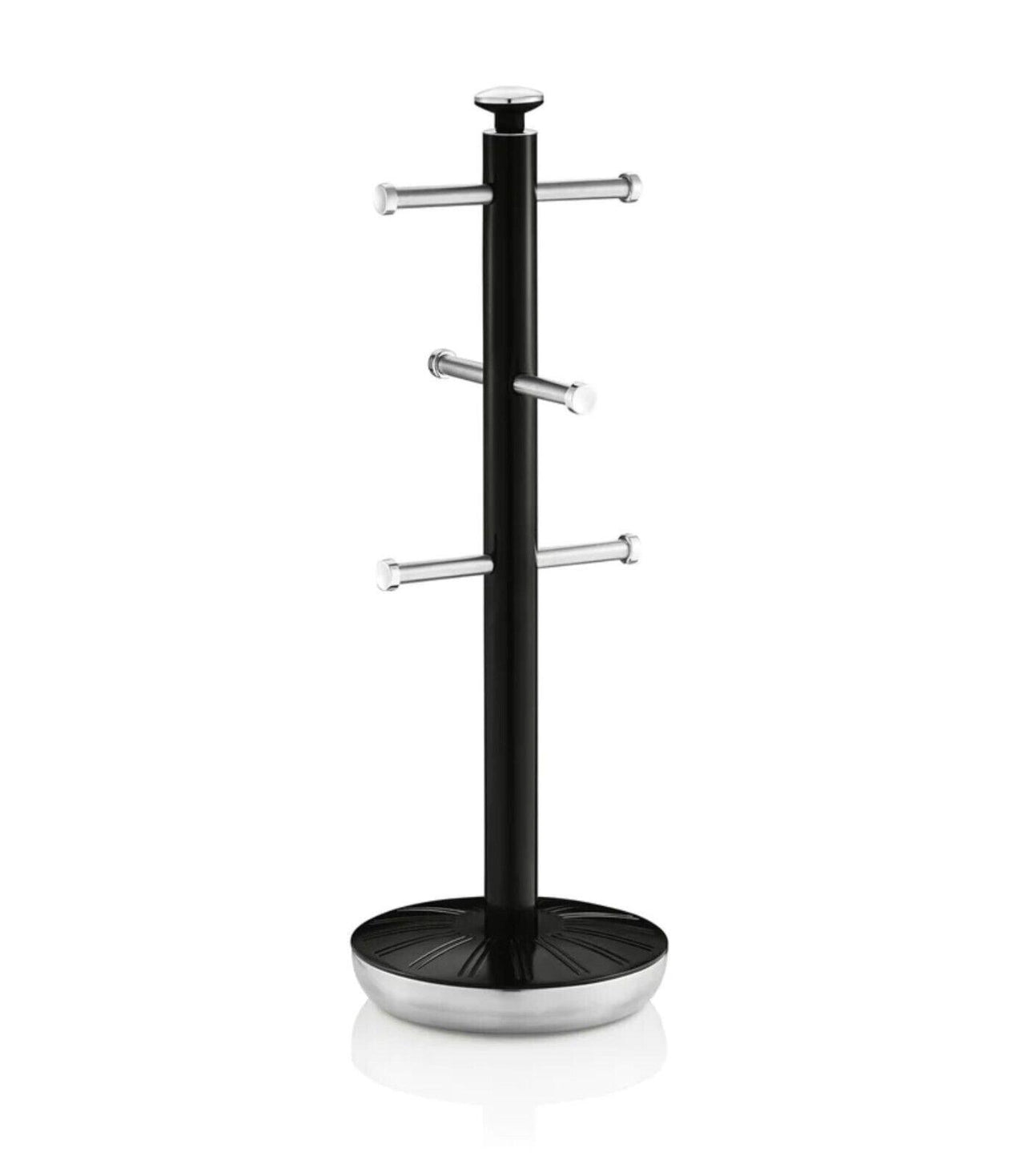 Black metal towel pole with bar arms and round base for hanging mugs