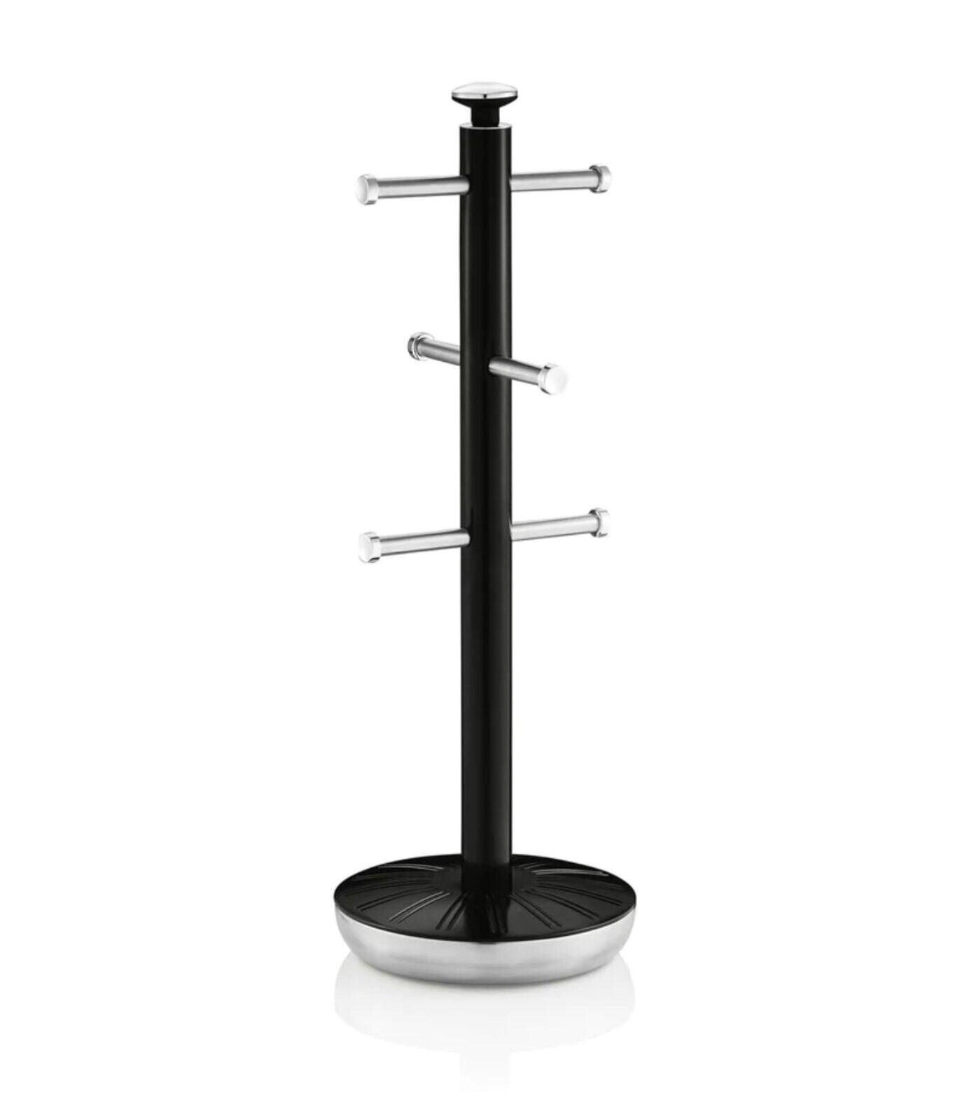 Black metal towel pole with bar arms and round base for hanging mugs