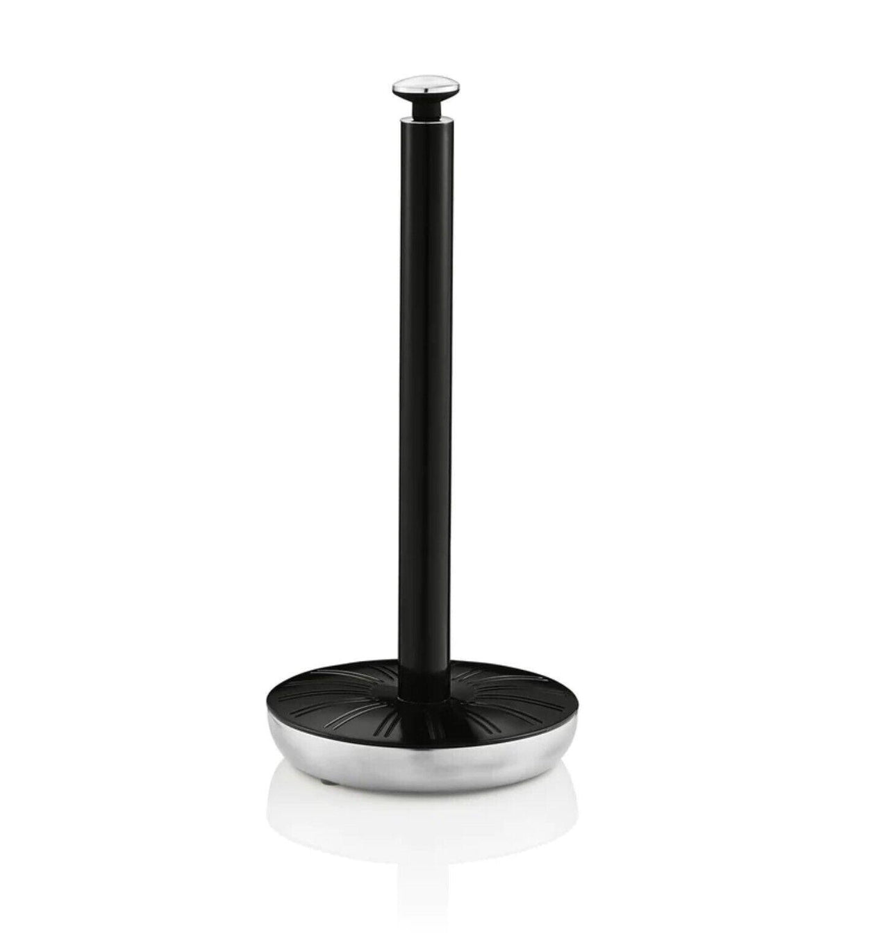 Black metal towel pole with round base and vertical center post