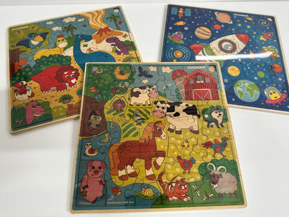 Quokka Wooden Puzzle for Kids - 3 Pack -Dinosaur, Space & Farm Animals Set - 25 x 25cm each Puzzle