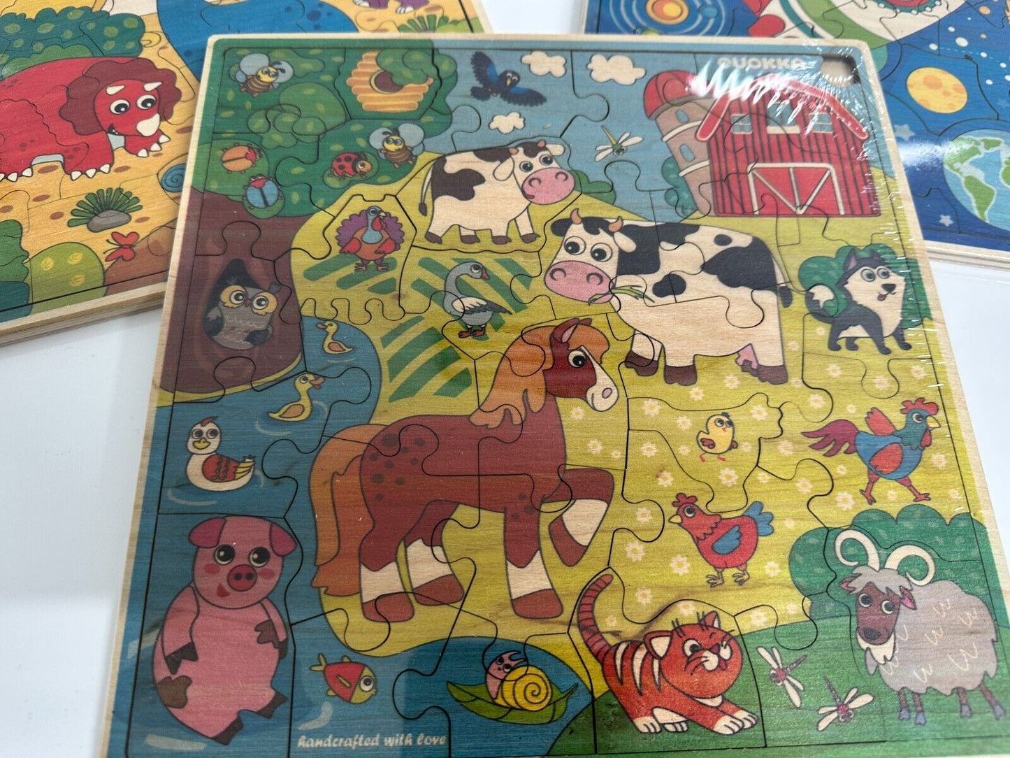 3 Colourful Wooden Jigsaw Puzzles Kids Space, Farm, Dinosaur Jigsaws