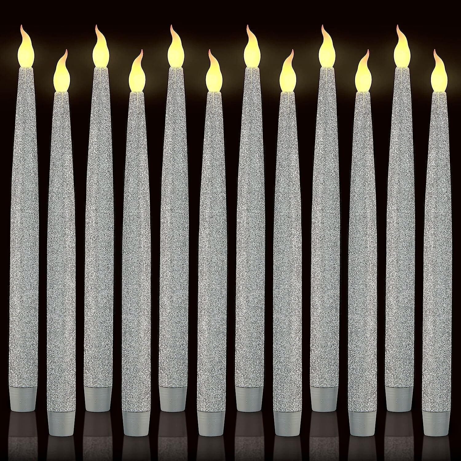 Furora LIGHTING Silver LED Flameless Taper Candles - Window Candles Candle Lights - Long Candles - Battery Powered Candles - Electric Candles with 6 Hour Timer Function - Silver 11.5" (Pack of 12)