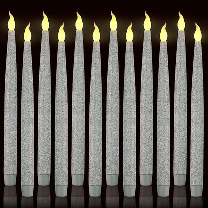 Furora LIGHTING Silver LED Flameless Taper Candles - Window Candles Candle Lights - Long Candles - Battery Powered Candles - Electric Candles with 6 Hour Timer Function - Silver 11.5" (Pack of 12)