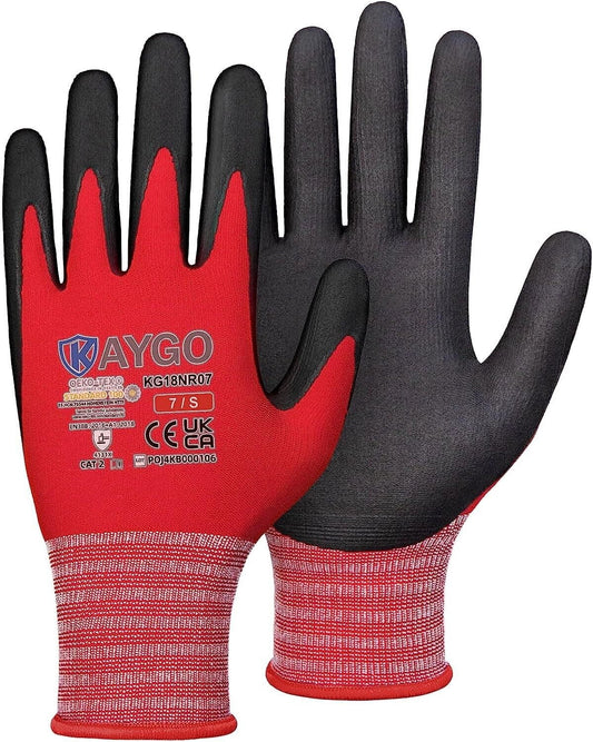 KAYGO 12 Pairs Safety Work Gloves MicroFoam Nitrile Coated- KG18N   Seamless Knit Nylon Glove with Black Micro-Foam Nitrile Grip, Ideal for General Purpose, Automotive, Home Improvement - Size Small