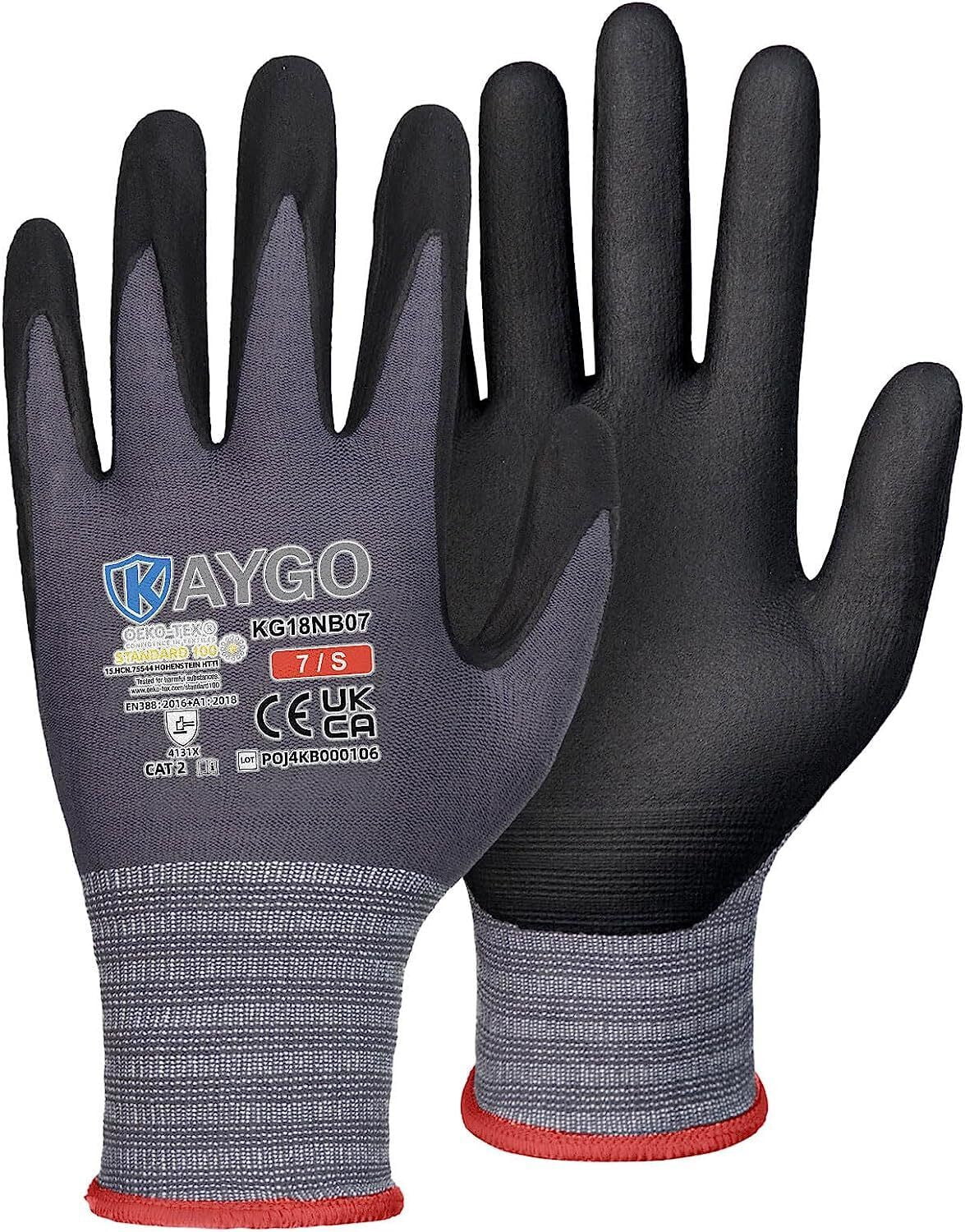 KAYGO 12 Pairs Safety Work Gloves MicroFoam Nitrile Coated- KG18N   Seamless Knit Nylon Glove with Black Micro-Foam Nitrile Grip, Ideal for General Purpose, Automotive, Home Improvement - Size Small