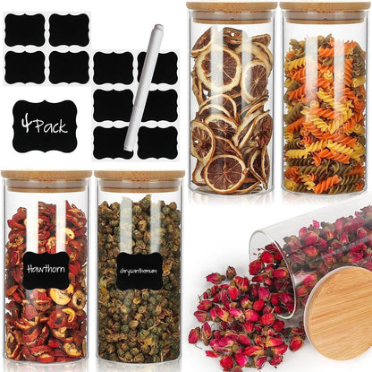 4 Pack - 1400ml 46oz Glass Storage Jars with Bamboo Lids - Clear Borosilicate Glass Spice Jars - Airtight for Kitchen Food, Cereal, Containers etc - Storage Canisters