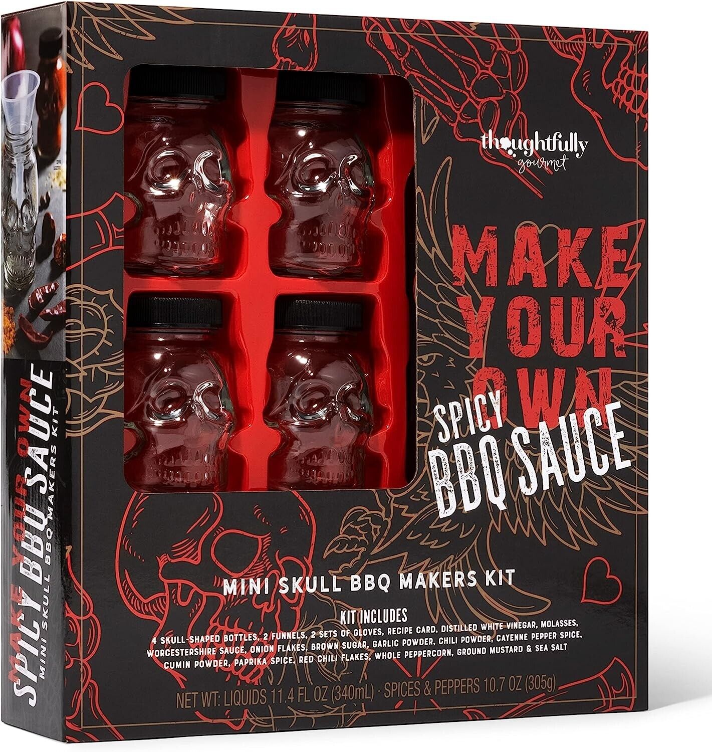 Thoughtfully DIY - Make Your Own Spicy BBQ Sauce DIY Gift Set - Includes 4 Mini Skull Shaped Reusable Bottles, Recipe Book, Gloves, 2 Funnels, Distilled White Vinegar, Peppers, Spices and Seasonings