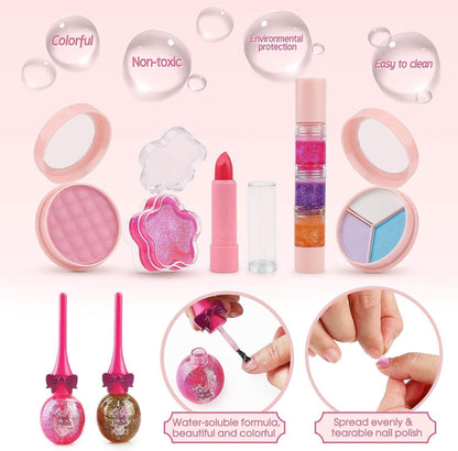 Kids Makeup Set for Girls - Real Washable Cosmetics Kit - Children Creative Play Make Up + Glitter Cosmetic Bag