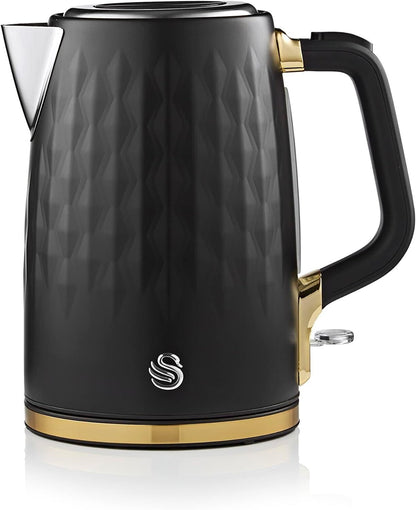 Swan Gatsby 1.7l Jug Kettle Rapid Boil, Diamond Pattern Design, Matte Black with Gold Accents (SK14082BLKN)