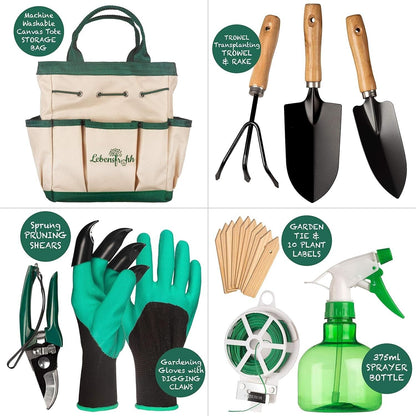 Lebensfrohh Garden Tool Set - 9 Pieces – 4 Tools, Tote Bag, Spray Bottle, Labels, Gloves, Plant Tie)