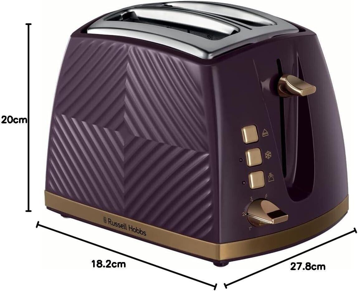 Mulberry 2-slice toaster with gold controls shown with size measurements (18.2, 27.8, 20 cm).
