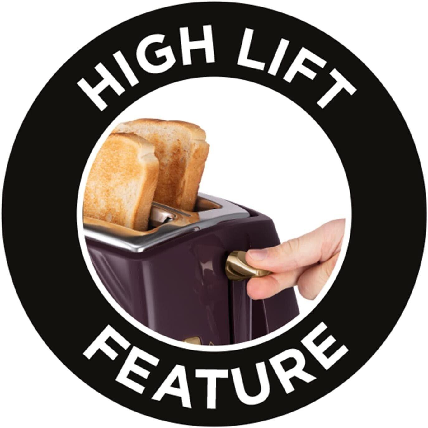Mulberry toaster feature badge indicating high-lift function for easy bread removal.
