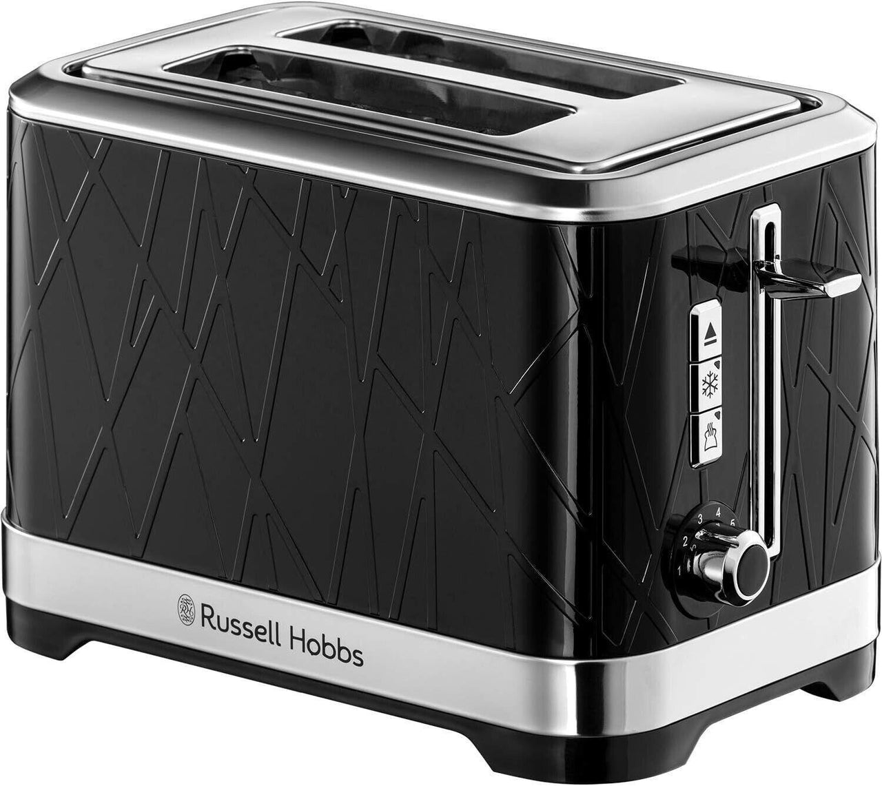 Black 2-slice toaster with chrome trim and wide bread slots