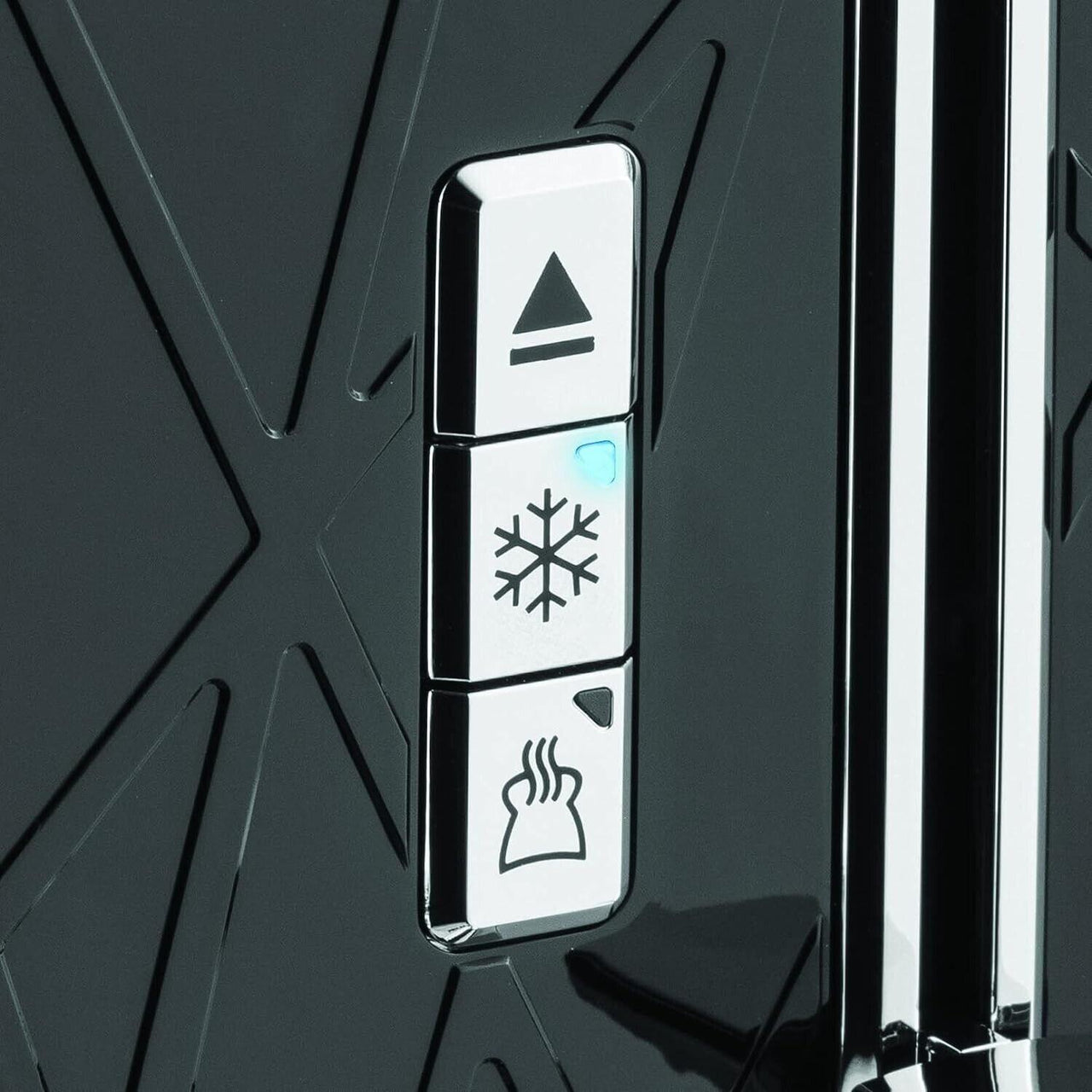Black 2-slice toaster control buttons with icons and blue indicator light