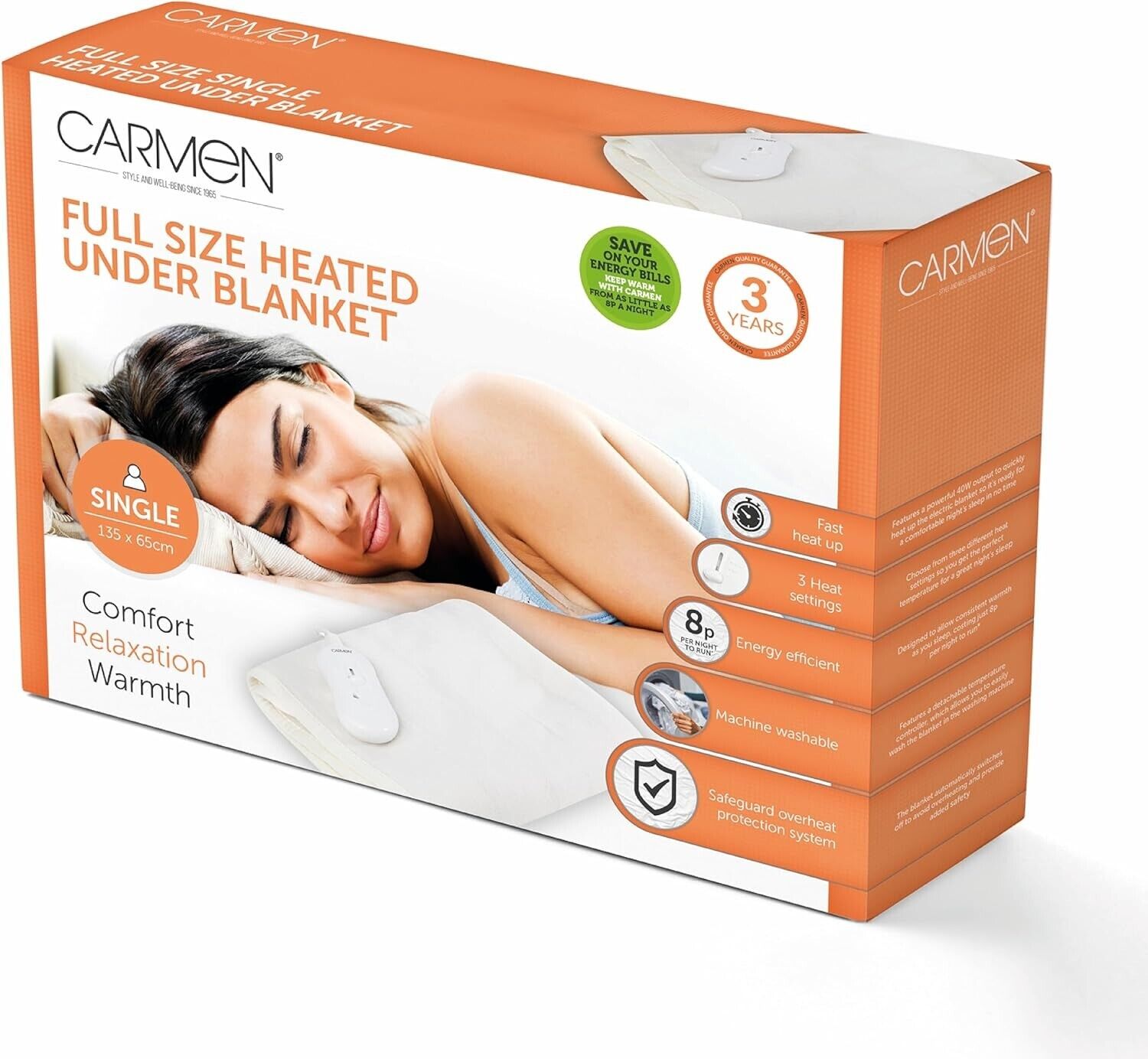 Carmen C81195 - Single - Heated Under Blanket with Overheat Protection, 35W, White