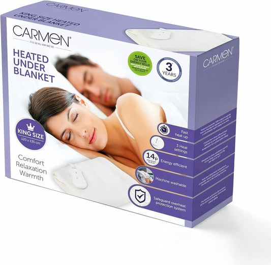 Carmen C81194 King Size Heated Under Blanket with Overheat Protection, 70W, White