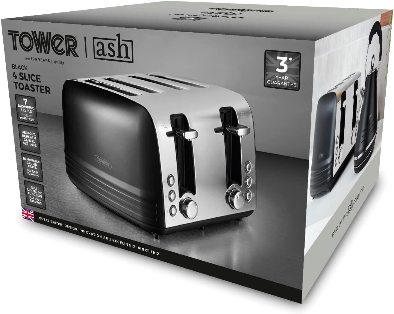 Tower Ash 4 Slice Toaster Wide Slots Metal T20081BLK (Black)