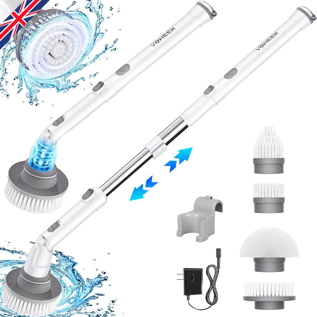 Electric Spin Scrubber - Cordless Extendable Cleaning Brush - Adjustable Extension Arm 4 Replaceable Cleaning Heads, Power Shower Scrubber for Bathroom, Tub, Tile, Floor