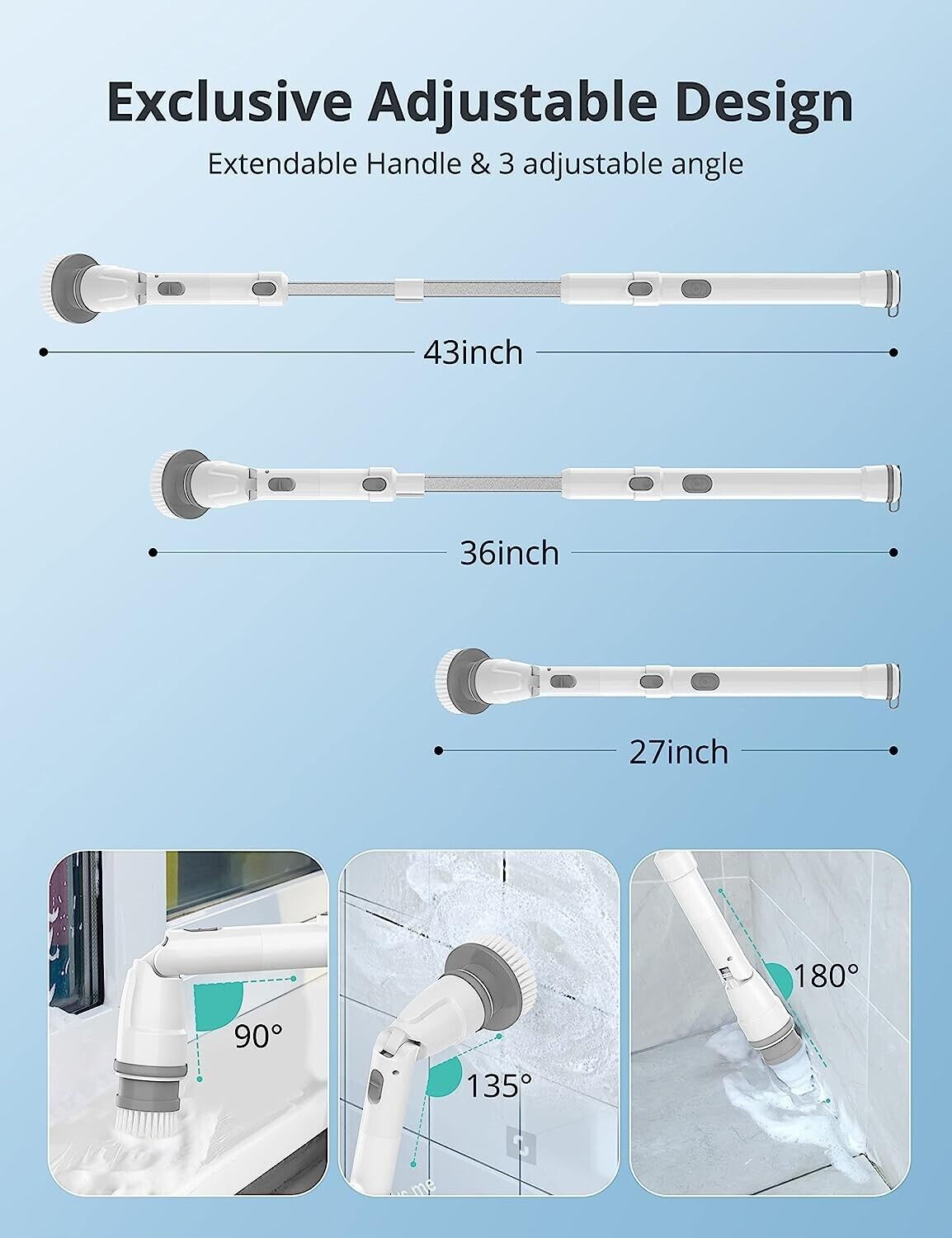 Electric Spin Scrubber - Cordless Extendable Cleaning Brush - Adjustable Extension Arm 4 Replaceable Cleaning Heads, Power Shower Scrubber for Bathroom, Tub, Tile, Floor