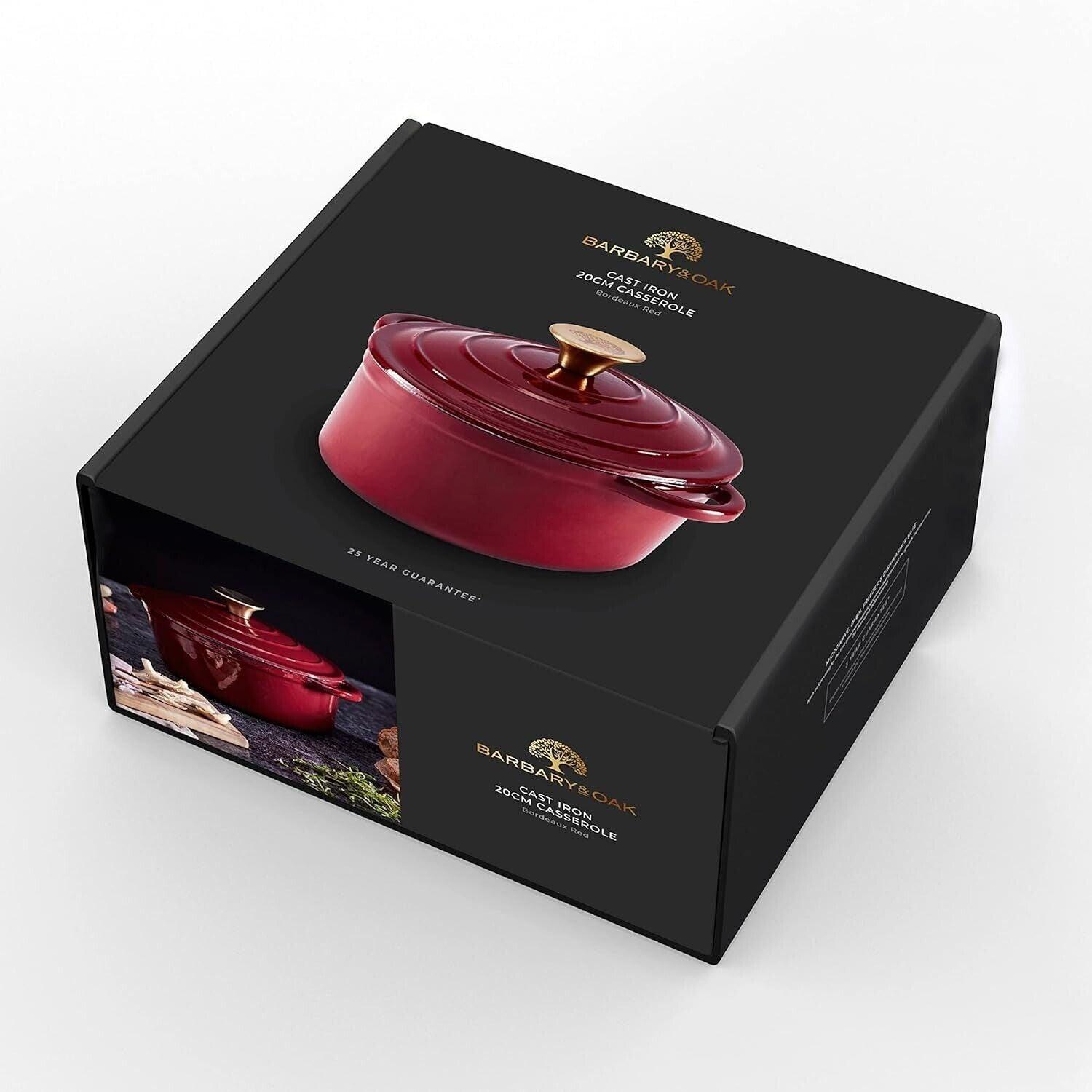 Barbary & Oak BO800250RED Round Cast Iron Casserole Pan with Durable Enamel Interior, 20cm, Bordeaux Red