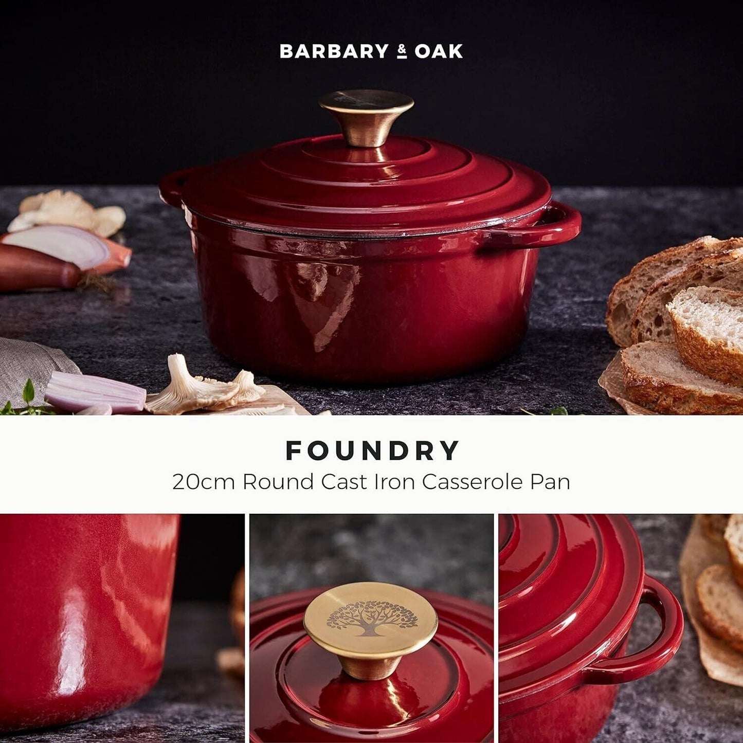 Barbary & Oak Round Cast Iron Casserole Pan 20cm (Red).