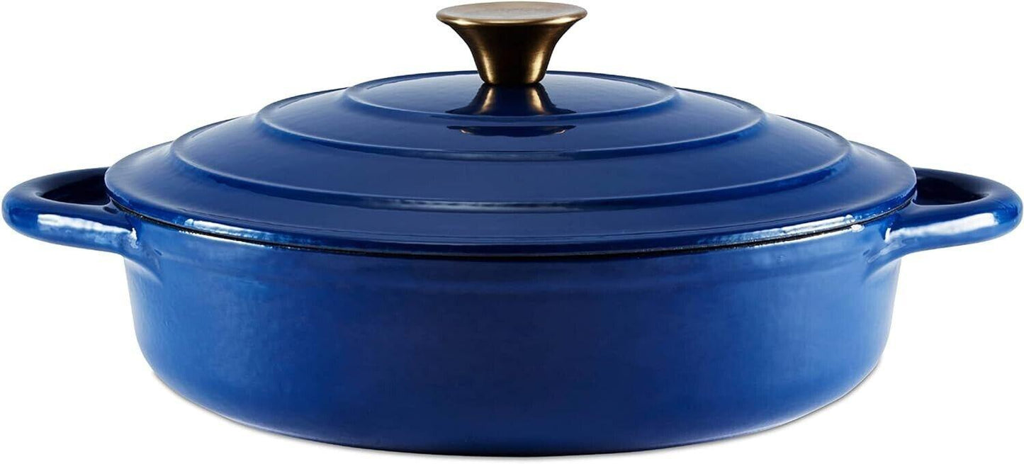 Barbary & Oak BO800253BLU Shallow Cast Iron Casserole Pan with Durable Enamel Interior, 28cm, Limoges Blue