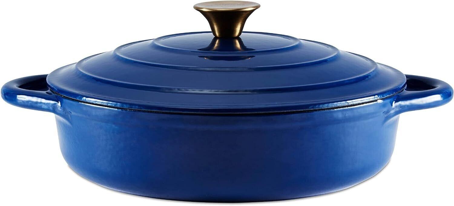 Barbary & Oak BO800253BLU Shallow Cast Iron Casserole Pan with Durable Enamel Interior, 28cm, Limoges Blue