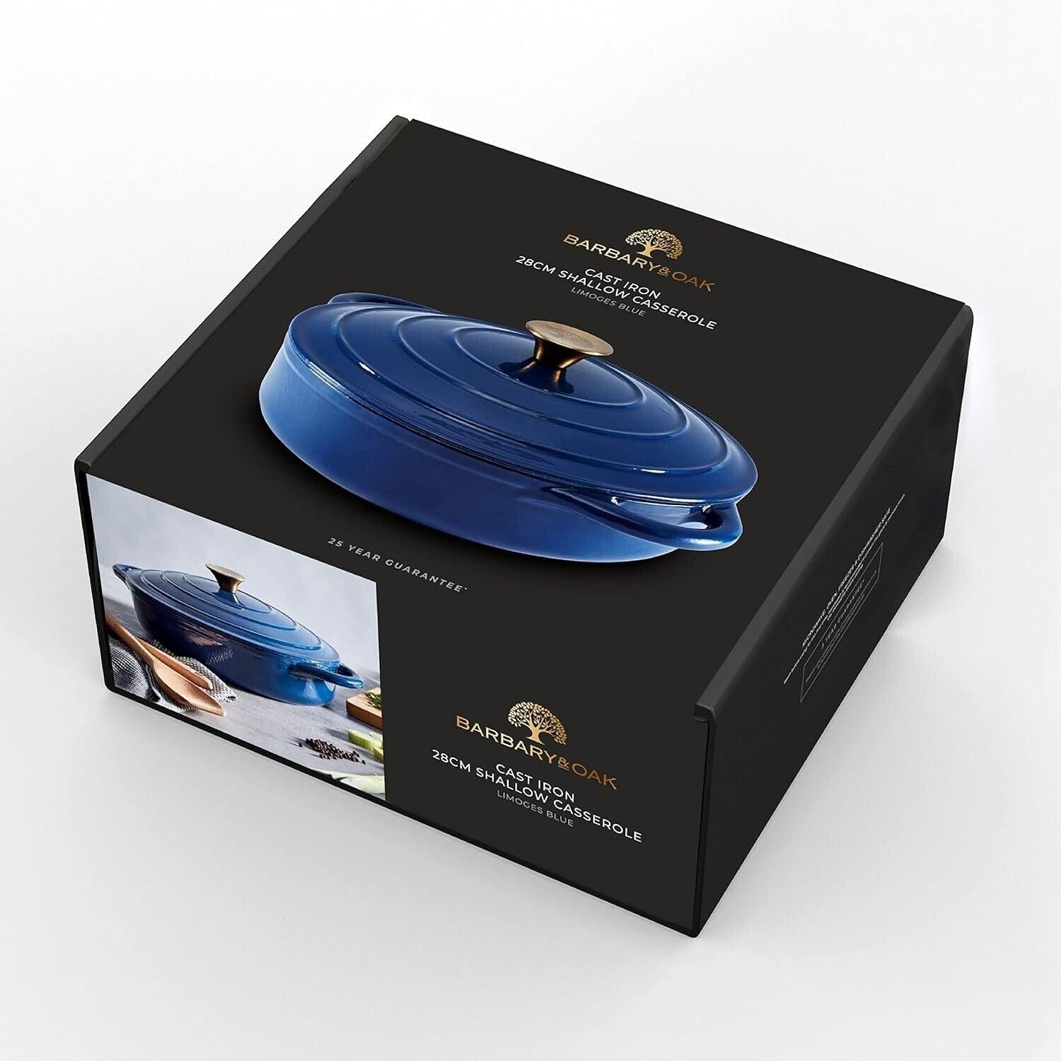 Barbary & Oak BO800253BLU Shallow Cast Iron Casserole Pan with Durable Enamel Interior, 28cm, Limoges Blue