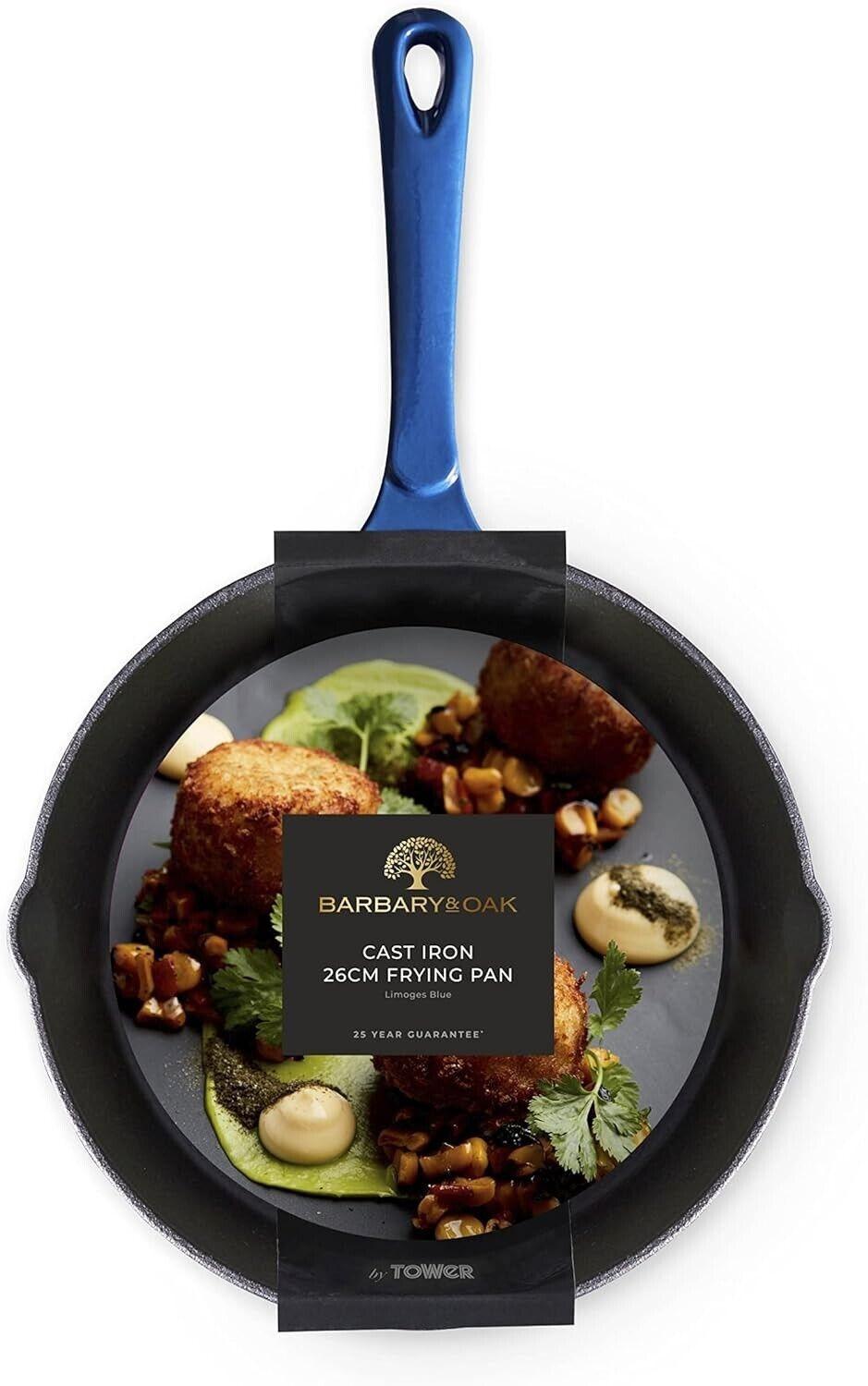 Barbary & Oak BO800255BLU Cast Iron Round Fry Pan with Durable Enamel Interior, 26cm, Limoges Blue
