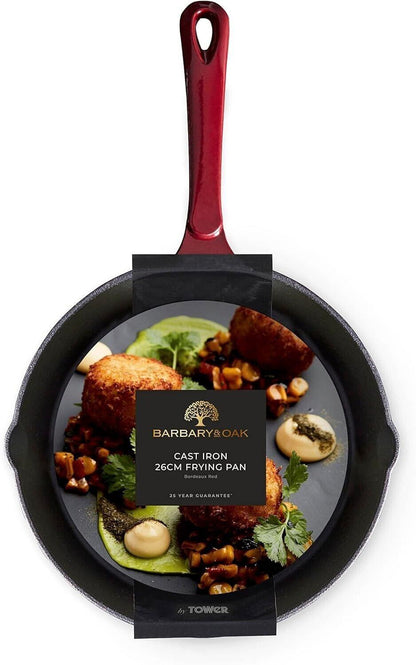 Barbary & Oak BO800255RED Cast Iron Round Fry Pan with Durable Enamel Interior, 26cm, Bordeaux Red
