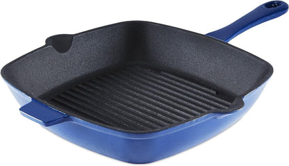 Barbary & Oak BO800256BLU Cast Iron Grill Pan with Durable Enamel Interior, 26cm, Limoges Blue