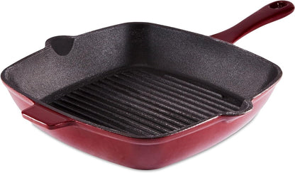 Barbary & Oak BO800256RED Cast Iron Grill Pan with Durable Enamel Interior, 26cm, Bordeaux Red