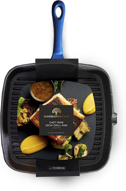 Barbary & Oak BO800257BLU Cast Iron Grill Pan with Durable Enamel Interior, 23cm, Limoges Blue