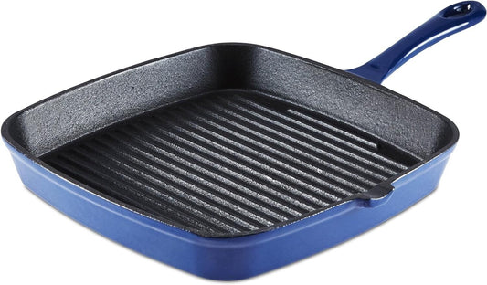 Barbary & Oak BO800257BLU Cast Iron Grill Pan with Durable Enamel Interior, 23cm, Limoges Blue