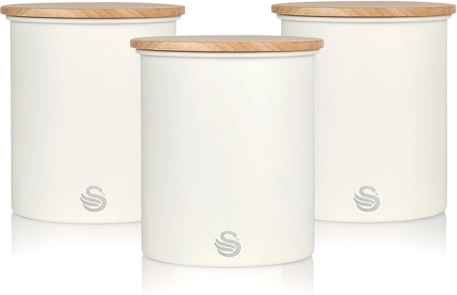 Swan 3 SWKA17513WHTN Nordic Scandi Set of 3 Storage, Tea, Coffee and Sugar Canisters, Cotton White, Steel, Bamboo Lid, One Size