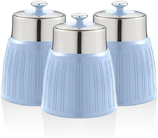 Swan SWKA1024CN Retro Set of 3 Canisters, Airtight lid locks, Generous capacity, Chrome Lid, Blue