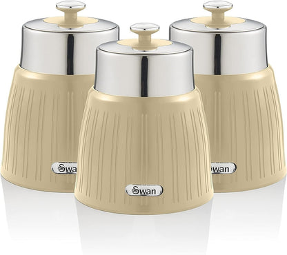 Swan SWKA1024CN Retro Set of 3 Canisters, Airtight lid locks, Generous capacity, Chrome Lid, Cream - Generous capacity