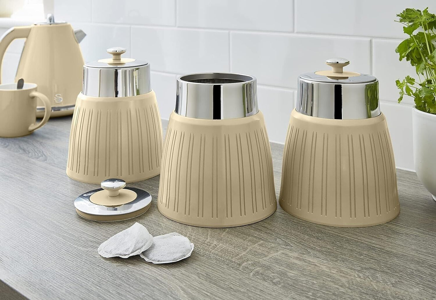 Swan Retro Cream Canister Set Tea Coffee Sugar Kitchen Canisters Beige