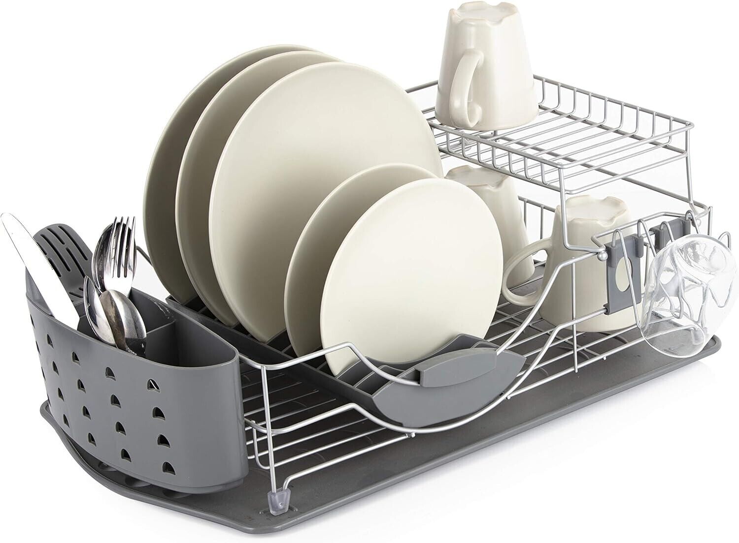 Tower T847002 Compact 2-Tier Dish Rack with Cutlery Drainer, Removable Draining Tray, Colour Coated Steel, Grey , 33 x 61 x 24 cm